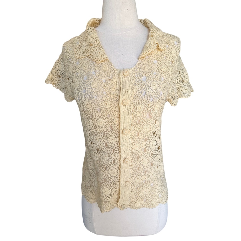 Handmade Crochet Short Sleeve Cardigan Top Cream Floral Open Knit Button Front